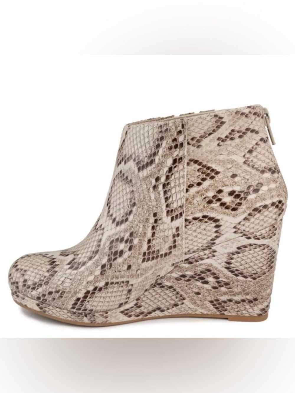 Sugar Juliette wedge Snakeskin Booties NEW Size 7 1/2 zipper heels easy on & off